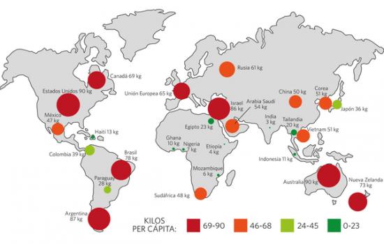 Mapa: ¿Cuánta carne comen las personas en todo el  mundo?